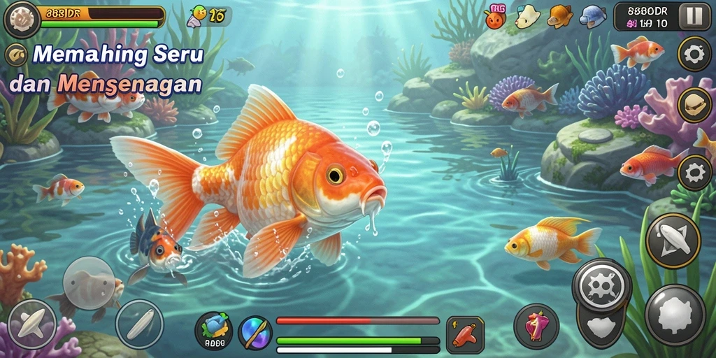 Tampilan gameplay <strong>888IDR</strong> yang menarik saat memancing di danau.