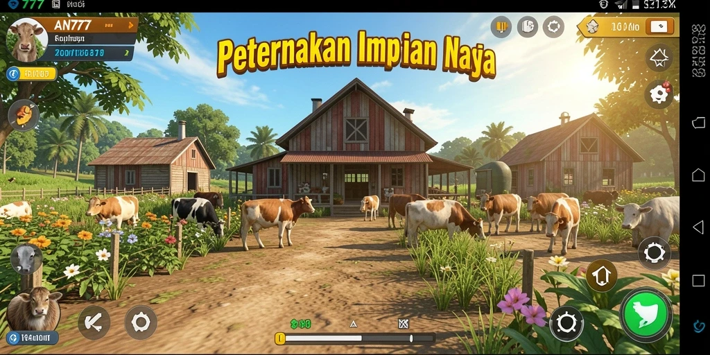 Tampilan gameplay AN777 dengan ladang yang subur dan hewan ternak.