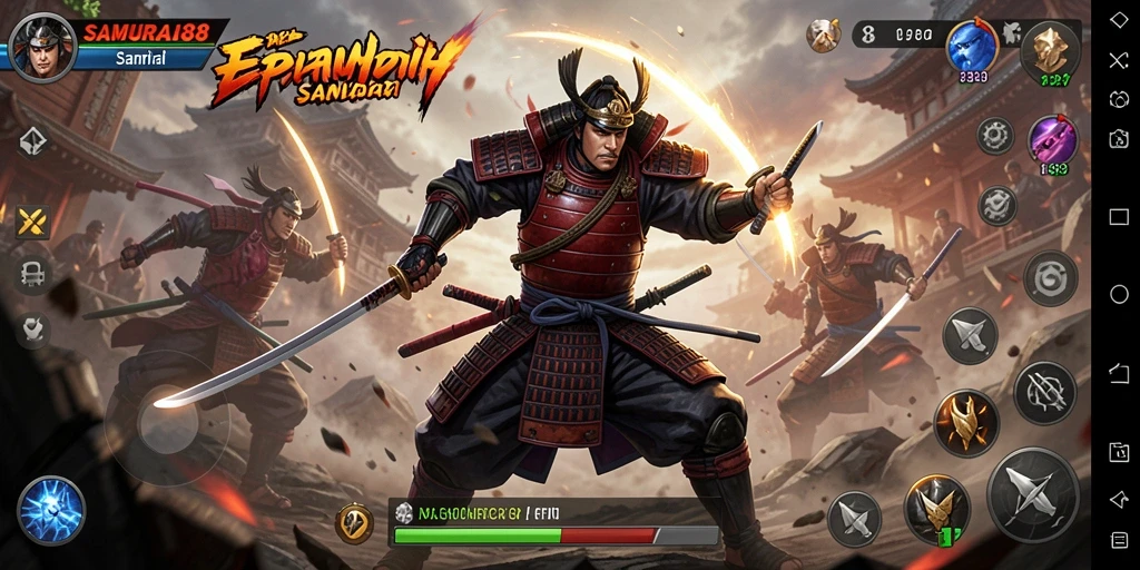 Tangkapan layar utama SAMURAI88 menunjukkan aksi menegangkan samurai berperang.
