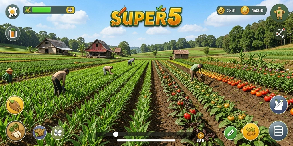 Gameplay menarik dari SUPER5 yang menampilkan aktivitas pertanian.