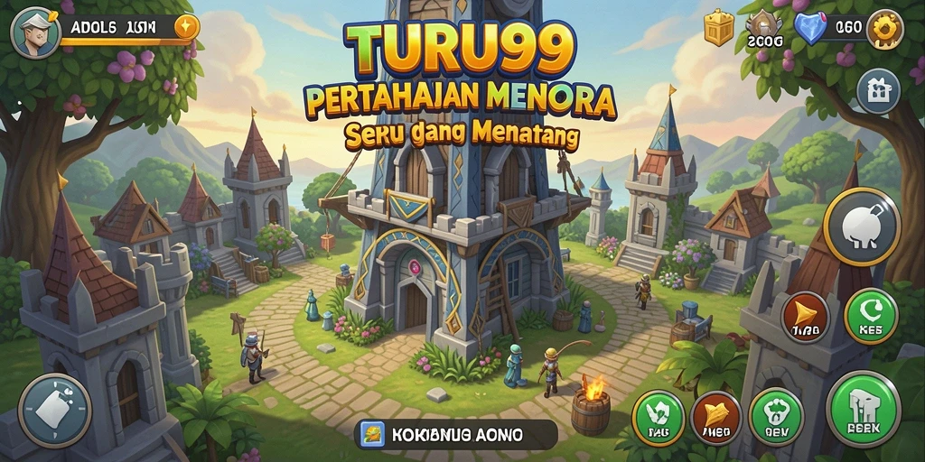 Screenshot utama TURU99 menampilkan pertempuran menara yang intens dan strategis.